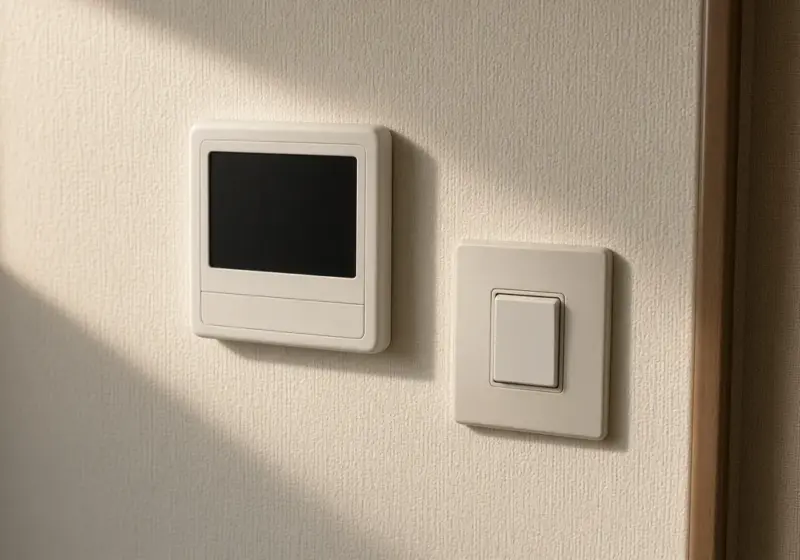 An RV thermostat and a light switch on the wall