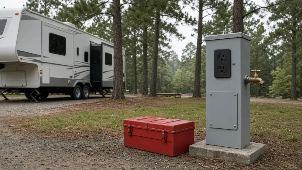 A maintenance toolbox beside an RV utility pedestal