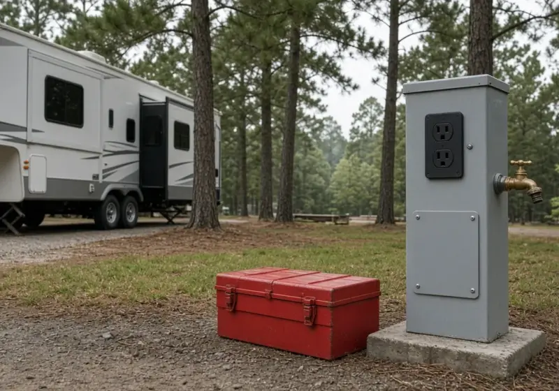 A maintenance toolbox beside an RV utility pedestal