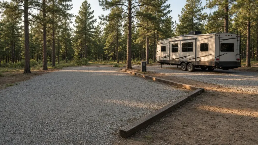An empty RV site beside an occupied site with a clear parking boundary