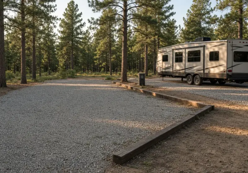 An empty RV site beside an occupied site with a clear parking boundary