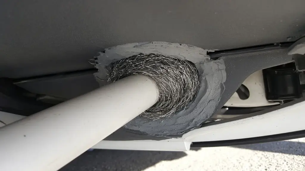 Steel wool and sealant around a pipe entry under an RV