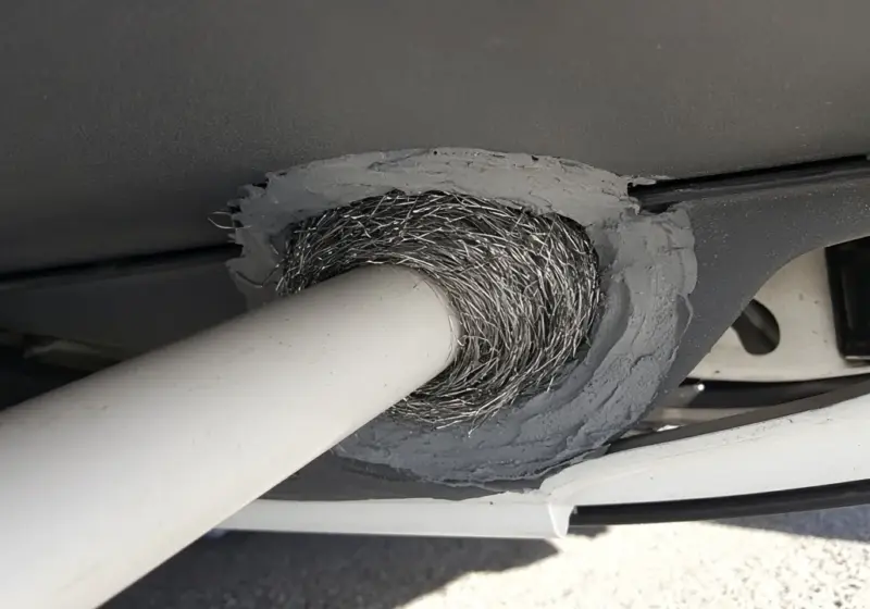 Steel wool and sealant around a pipe entry under an RV
