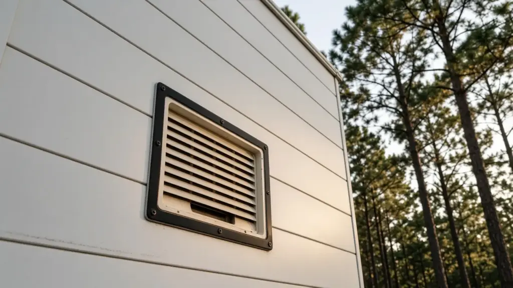 An RV furnace exterior vent on the side of a travel trailer