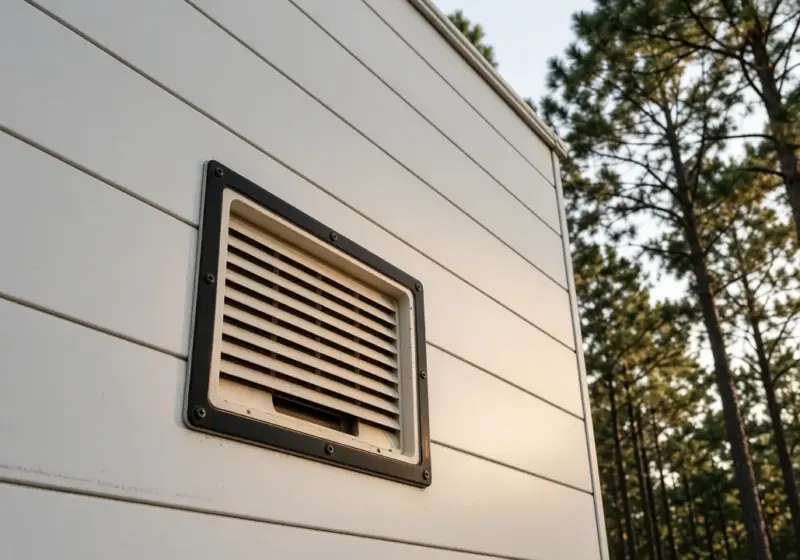An RV furnace exterior vent on the side of a travel trailer