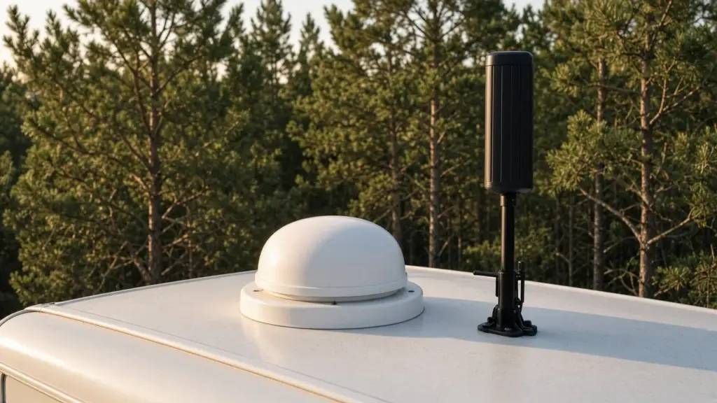 A satellite dish and a cellular antenna on an RV roof