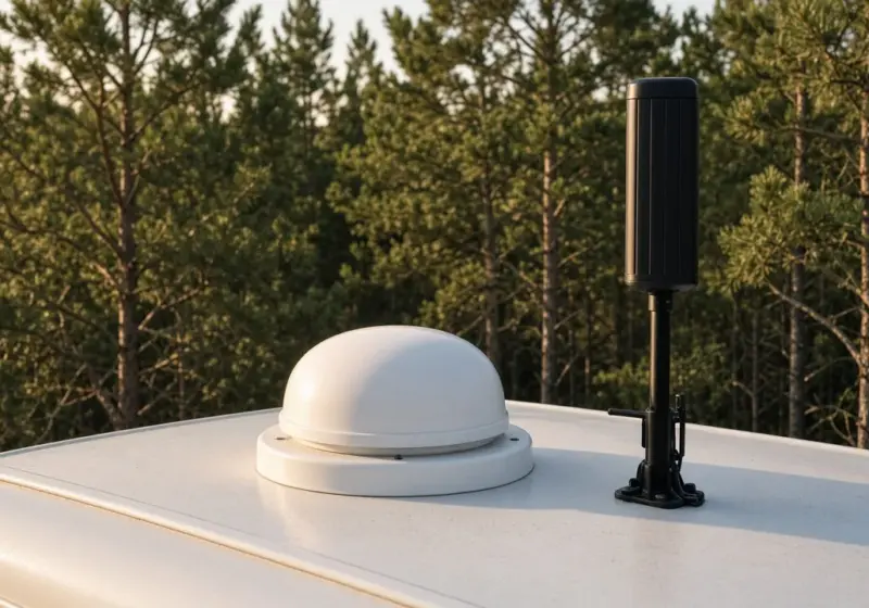 A satellite dish and a cellular antenna on an RV roof
