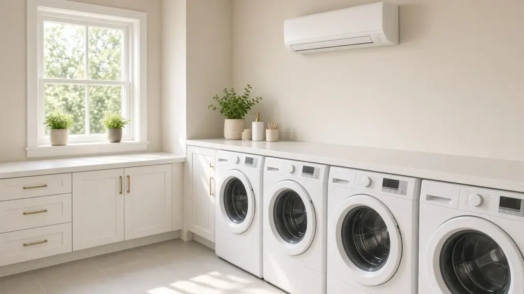 An air-conditioned laundry room at an RV park with washers and dryers