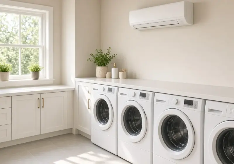 An air-conditioned laundry room at an RV park with washers and dryers