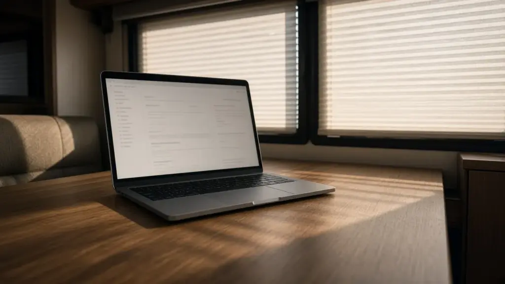 A laptop showing a blank online form on an RV table