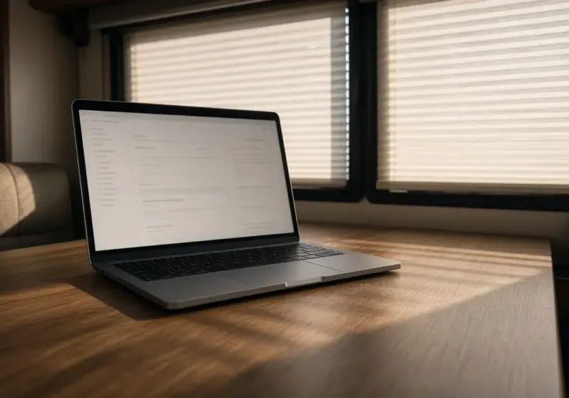 A laptop showing a blank online form on an RV table