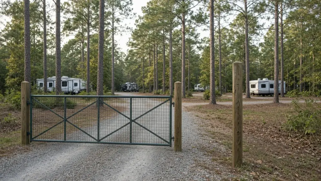 A small RV park entrance with a gate and a sign post without text