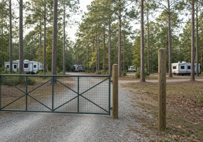 A small RV park entrance with a gate and a sign post without text