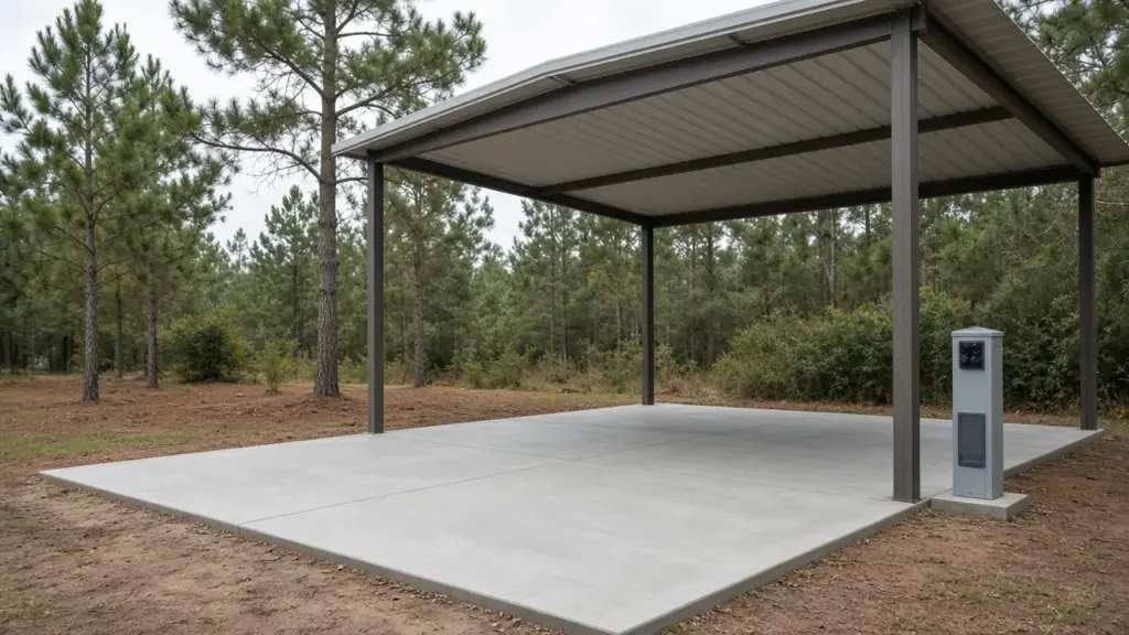 An empty covered RV site ready for a new resident