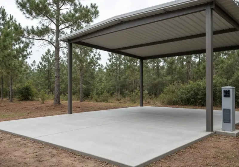 An empty covered RV site ready for a new resident