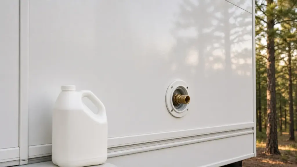 A jug of RV water sanitizing solution beside a fresh water inlet