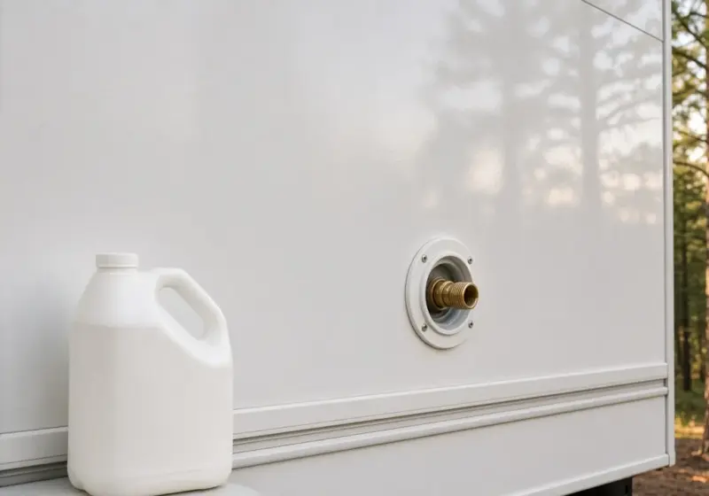 A jug of RV water sanitizing solution beside a fresh water inlet