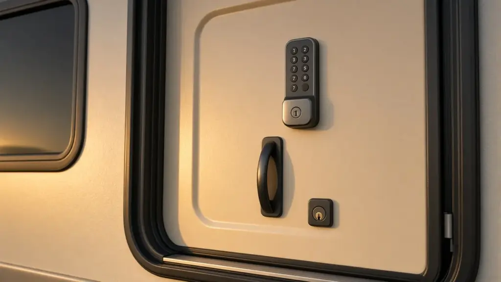 A locked RV door with a keypad deadbolt