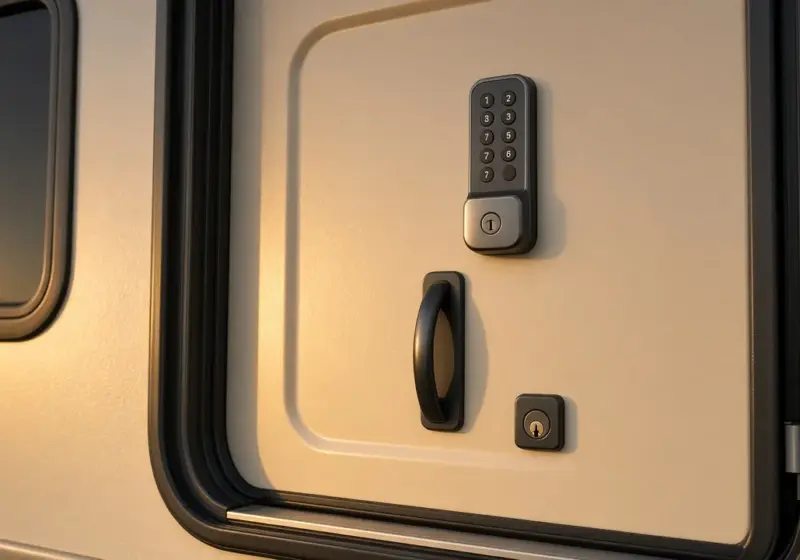 A locked RV door with a keypad deadbolt