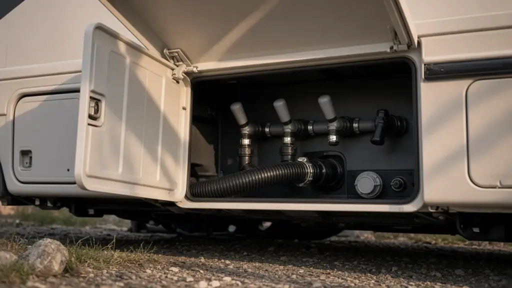 The utility bay of a self-contained RV with tank valves visible