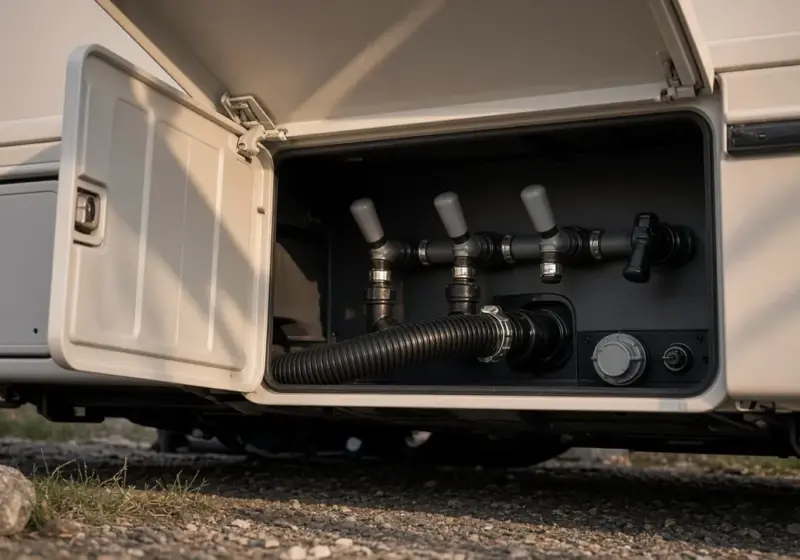 The utility bay of a self-contained RV with tank valves visible