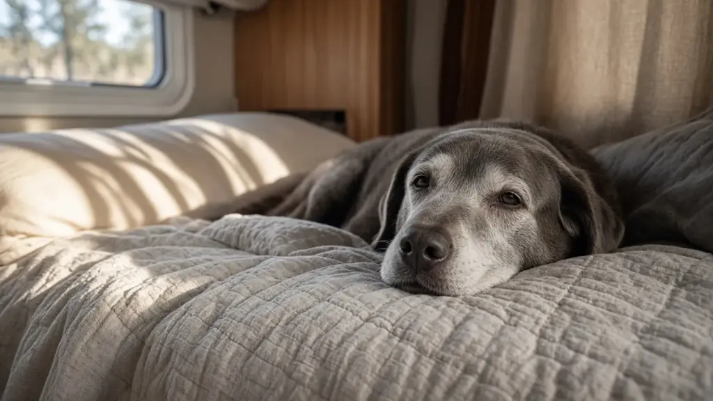 An older gray-muzzled dog resting on an RV bed