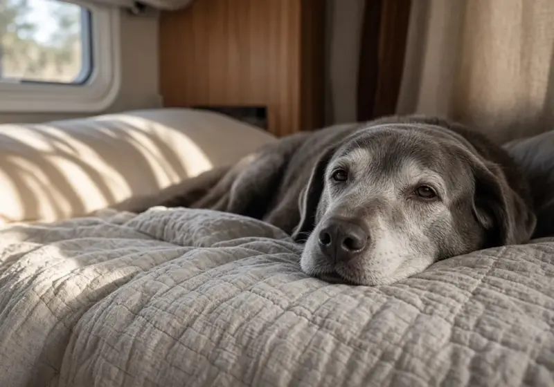 An older gray-muzzled dog resting on an RV bed