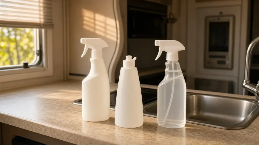 Septic-safe cleaning bottles without labels on an RV counter