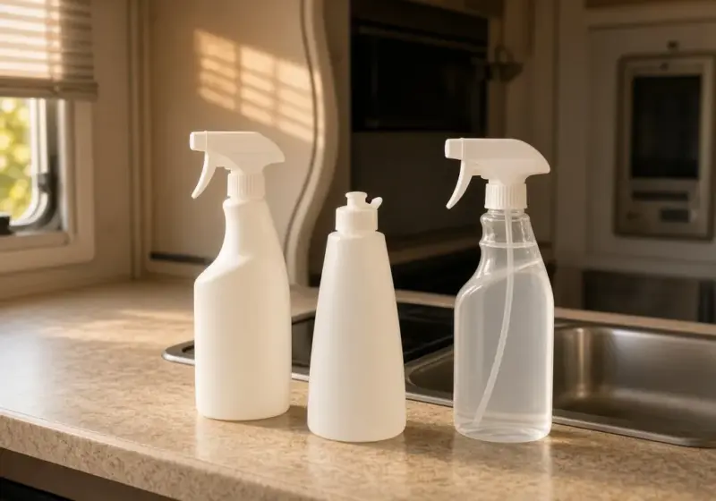 Septic-safe cleaning bottles without labels on an RV counter