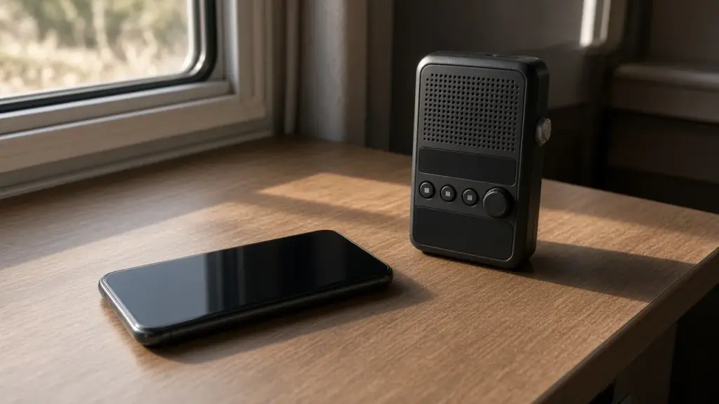 A smartphone lying on an RV table beside a weather radio