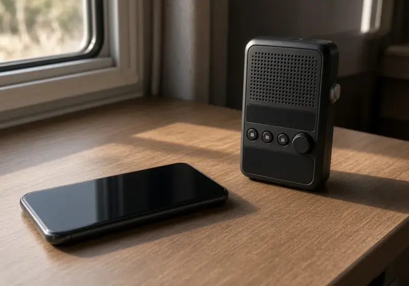 A smartphone lying on an RV table beside a weather radio
