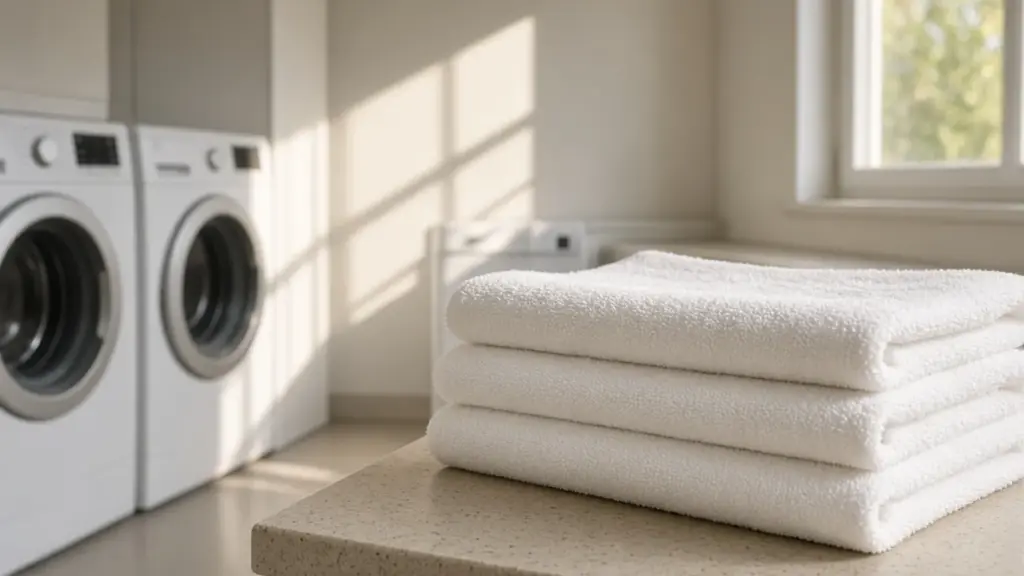 A clean shared laundry room with folded towels on a counter
