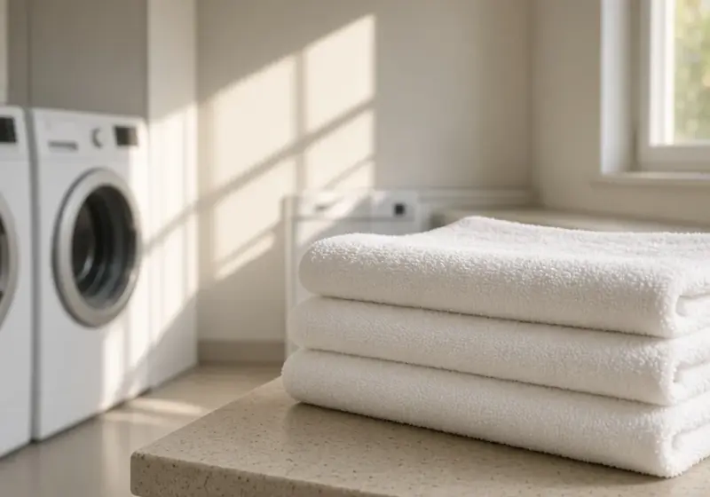 A clean shared laundry room with folded towels on a counter