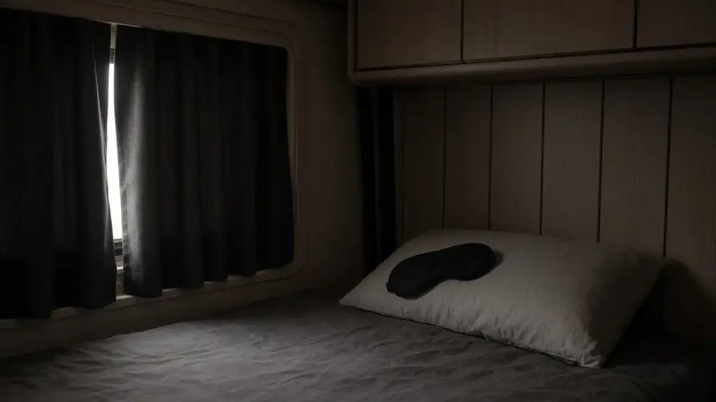 A dark RV bedroom with blackout curtains and a sleep mask on the pillow