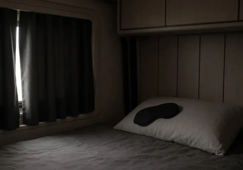 A dark RV bedroom with blackout curtains and a sleep mask on the pillow