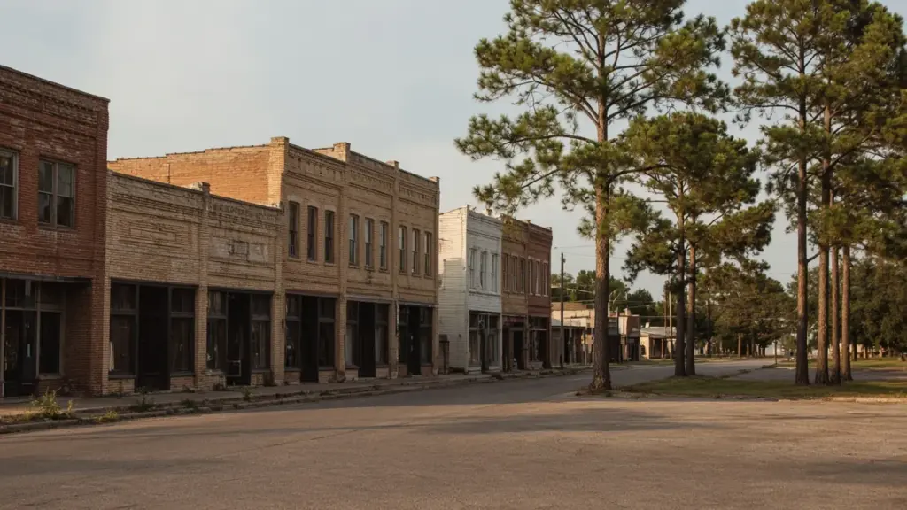 A small-town street with older buildings near pine trees
