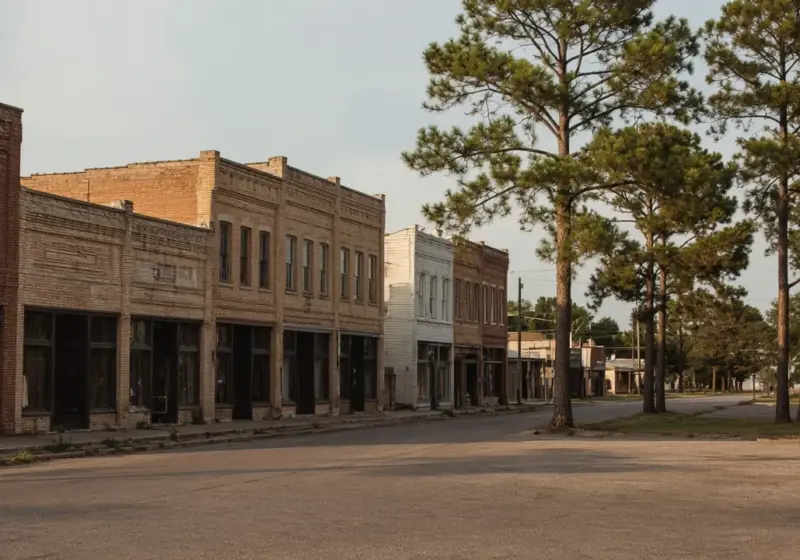 A small-town street with older buildings near pine trees