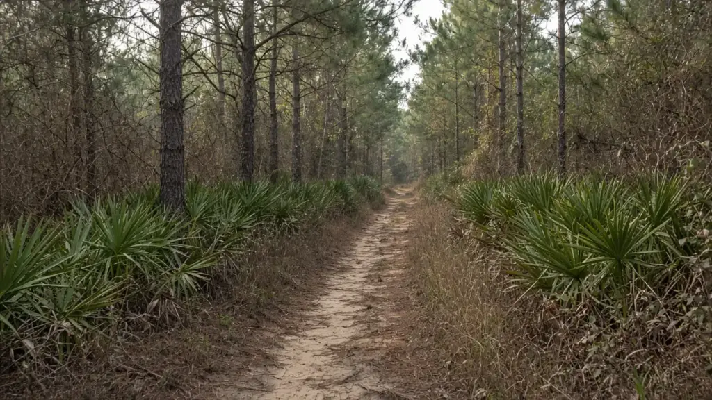 A wooded pine trail with brush at the edges