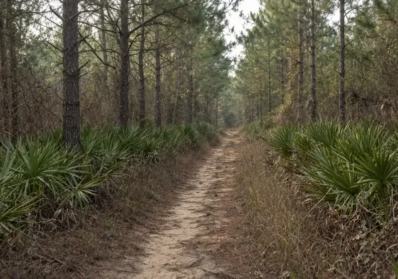 A wooded pine trail with brush at the edges