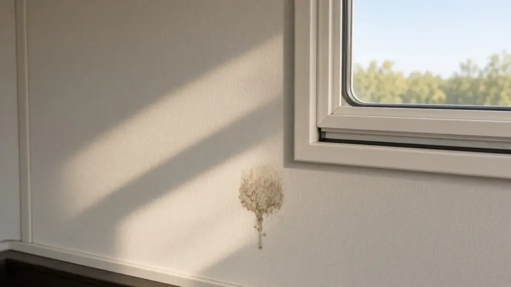 A soft spot stain on an RV interior wall near a window