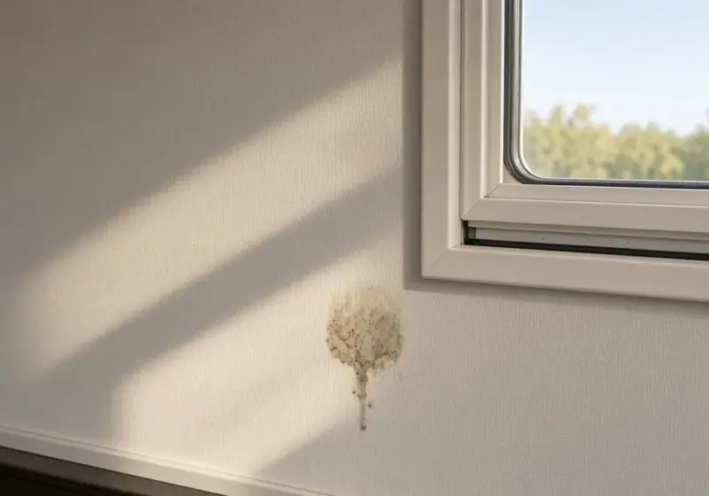 A soft spot stain on an RV interior wall near a window