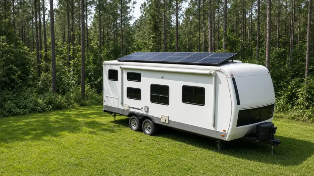 Solar panels on an RV roof in bright sunlight