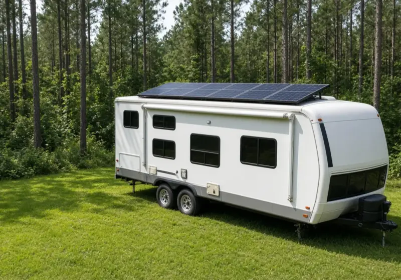 Solar panels on an RV roof in bright sunlight