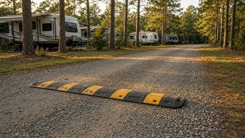 A speed bump across a gravel RV park lane