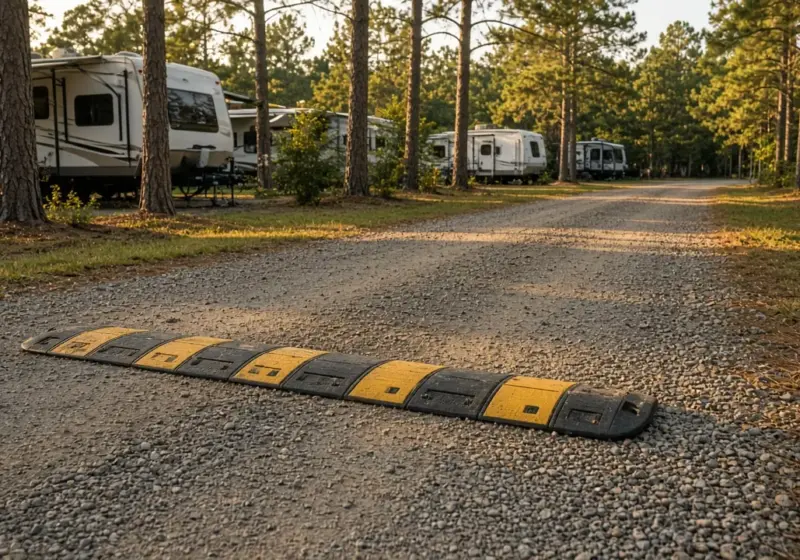 A speed bump across a gravel RV park lane