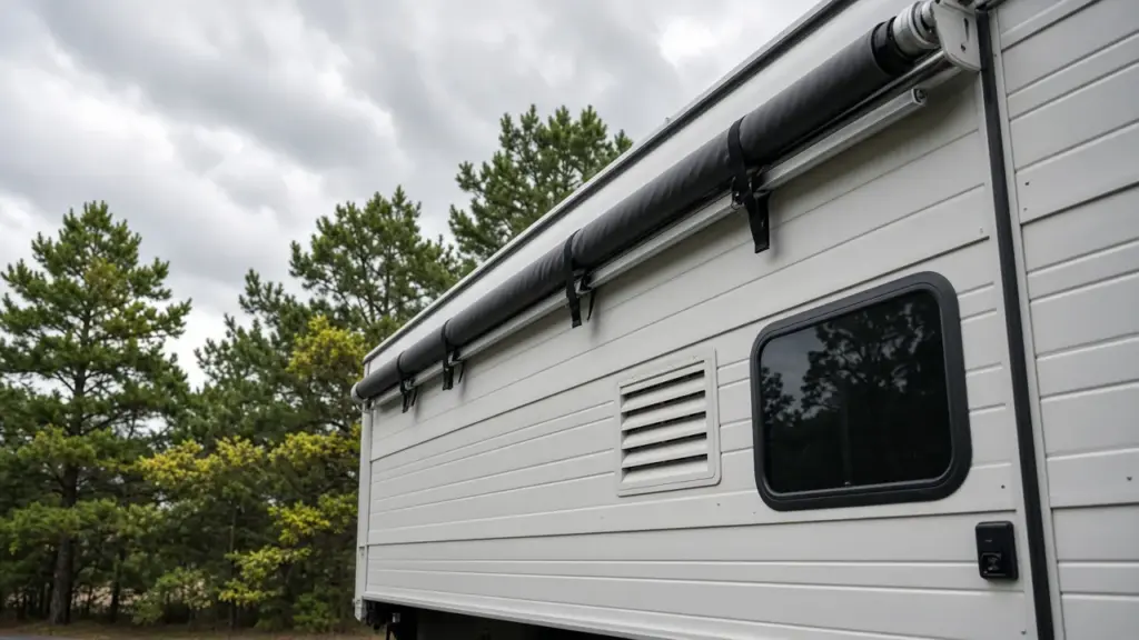 An RV awning rolled in under a cloudy spring sky