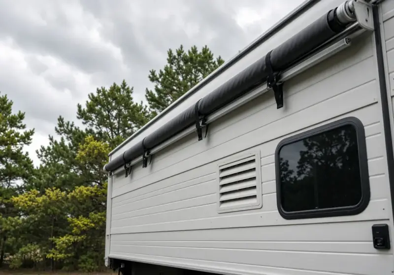 An RV awning rolled in under a cloudy spring sky