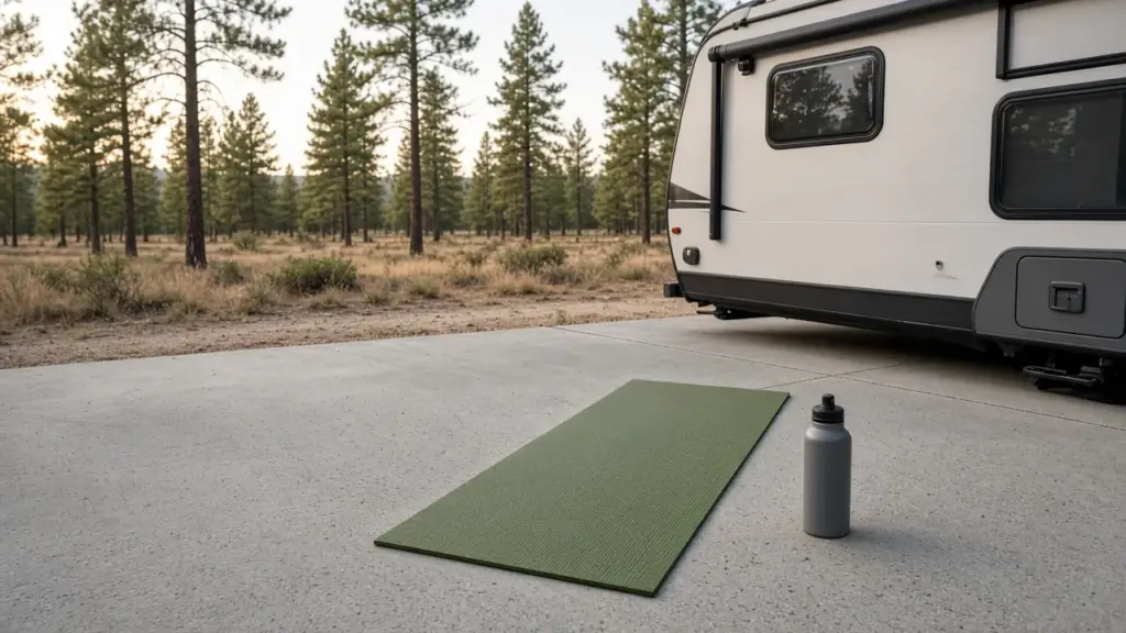 A yoga mat and water bottle laid out beside an RV on a clean concrete pad in the morning