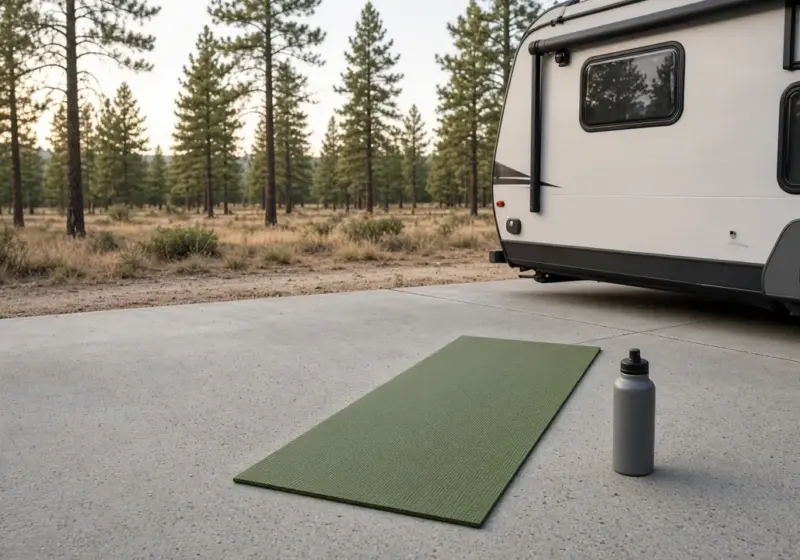 A yoga mat and water bottle laid out beside an RV on a clean concrete pad in the morning