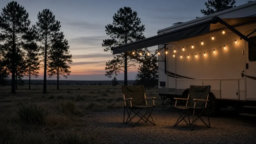 String lights and two chairs outside an RV at dusk